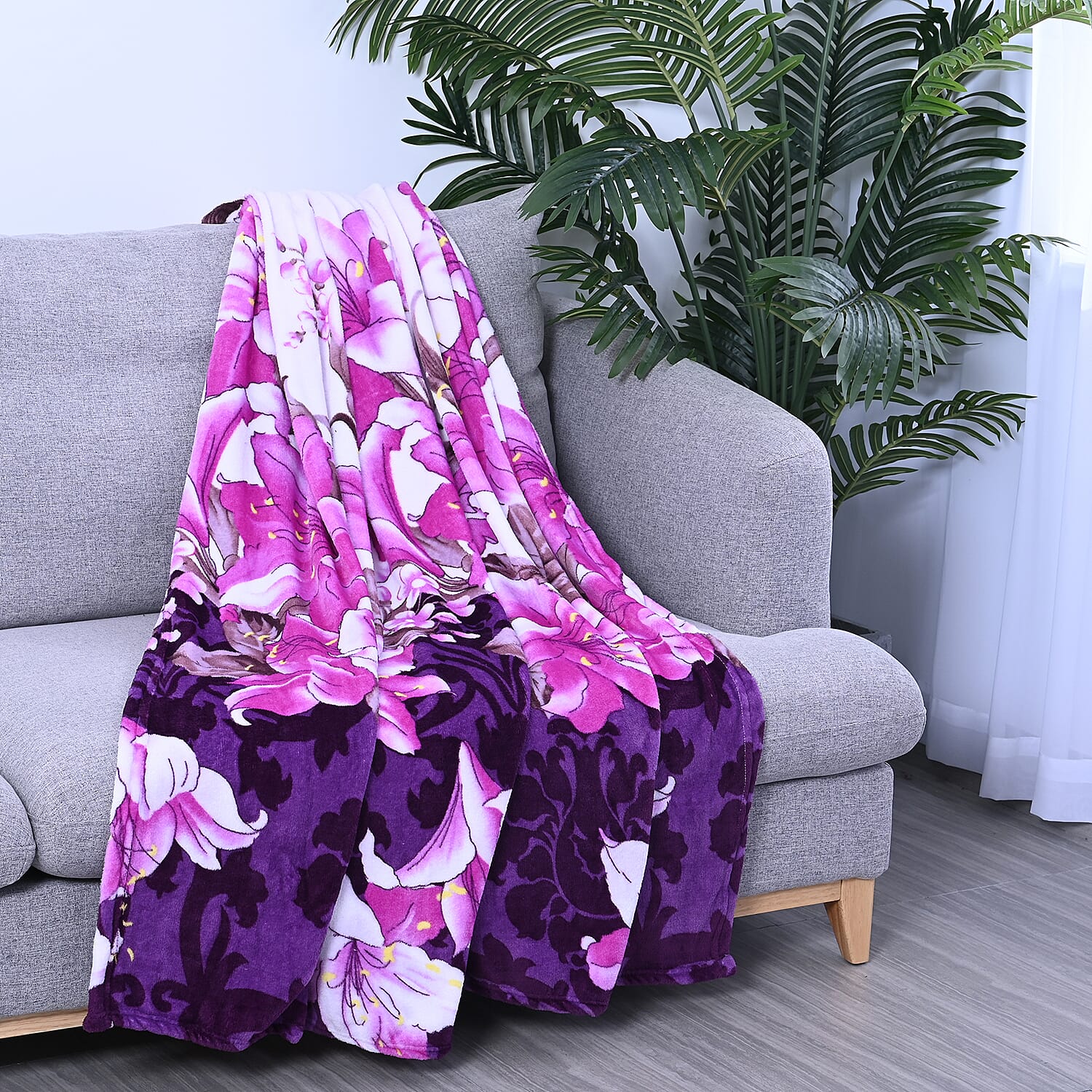 HOMESMART Set of 2 Purple Solid & Lily Flower Pattern Microfiber Flannel Blanket (59x90)