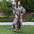 Winlar Black Lily Print V-Neck Long Satin Kaftan (One Size Fits Most) - Sticky add to cart bar