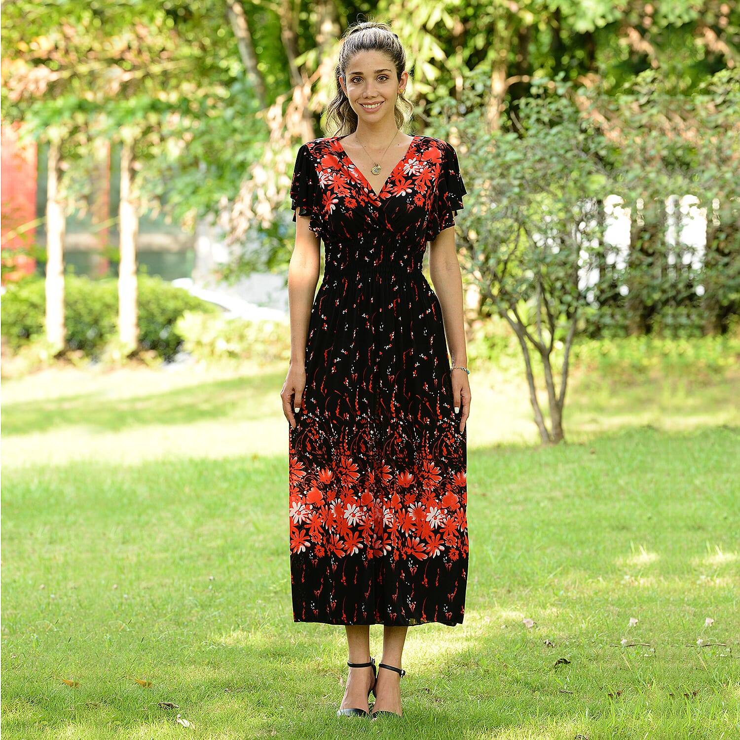 JOVIE Black Floral Smocked Waist Maxi Dress with Flutter Sleeve (13.7"x49")