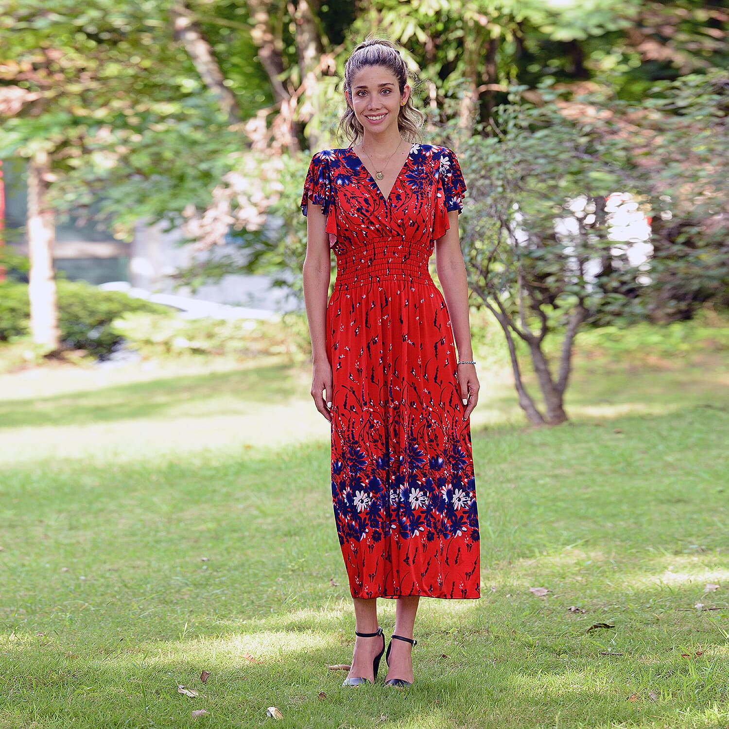 JOVIE Black Floral Smocked Waist Maxi Dress with Flutter Sleeve (13.7"x49")