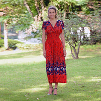 JOVIE Black Floral Smocked Waist Maxi Dress with Flutter Sleeve (13.7"x49")