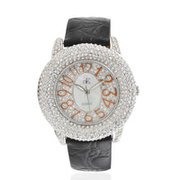 ADEE KAYE Bello Austrian Crystal Japanese Movement Genuine Leather Watch in Black (43mm)