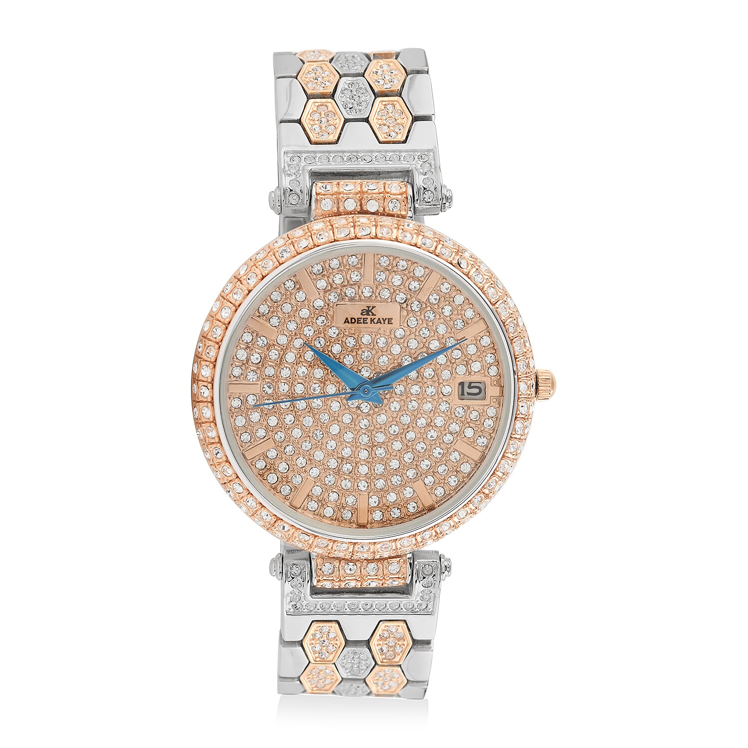 ADEE KAYE Finess Austrian Crystal Japanese Movement Watch in Rosetone & Silvertone (40mm)