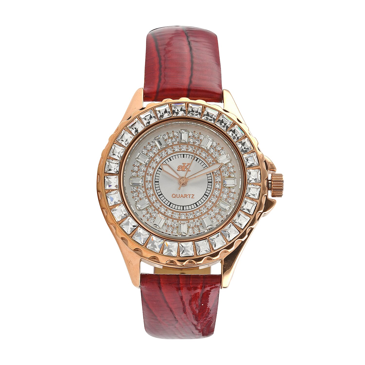 ADEE KAYE Royalty Austrian Crystal Japanese Movement Watch with Genuine Leather Strap in Red (38mm)