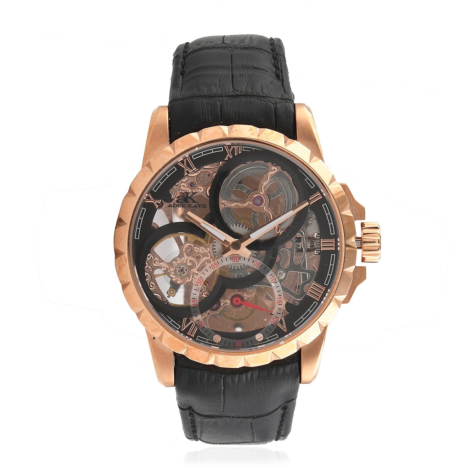 ADEE KAYE La Gear Mechanical Movement Watch with Genuine Leather Strap in Black (48mm)