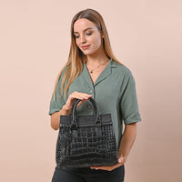 Hong Kong Closeout Collection Black Genuine Leather Crocodile Embossed Pattern Convertible Tote Bag