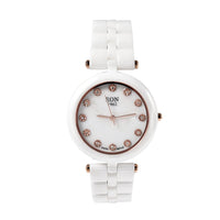 EON 1962 Diamond Swiss Movement MOP Dial Watch with White Ceramic Strap 0.10 ctw