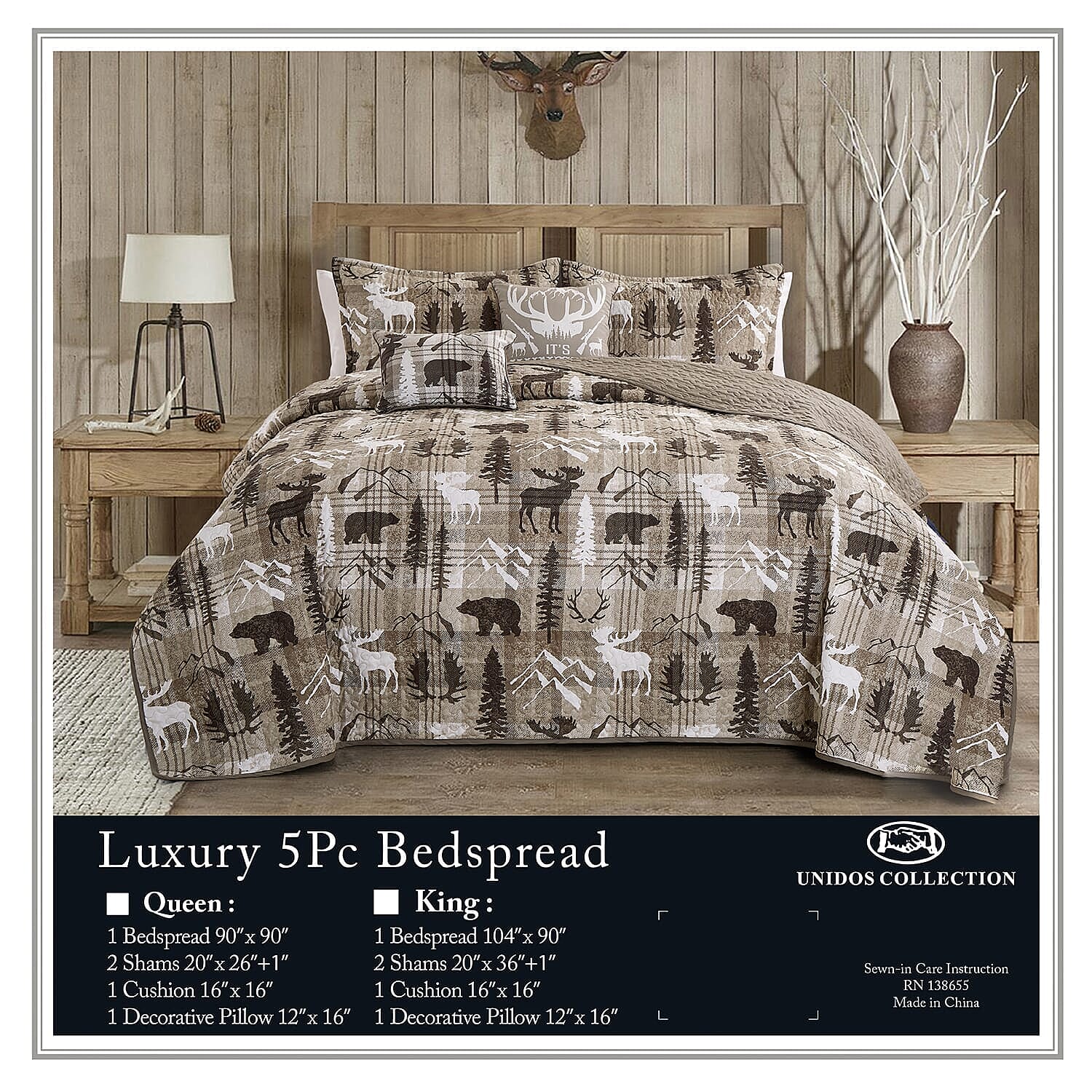 UNIDOS Brown Farmhouse 5 pc Reversible Bedspread Set -Queen