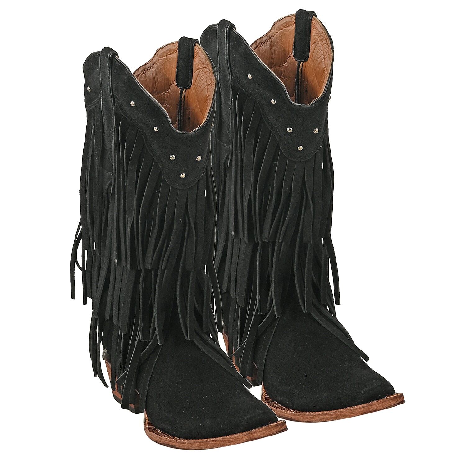 TANNER MARK 100% Genuine Suede Leather Western Style Square Toe Boot with Fringe - Black - Size 10