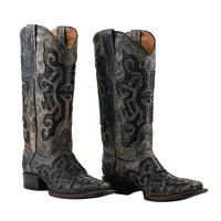 TANNER MARK 100% Genuine Leather Western Style Square Toe Boot with Glitter Lace Design - Tan/Black - Size 6