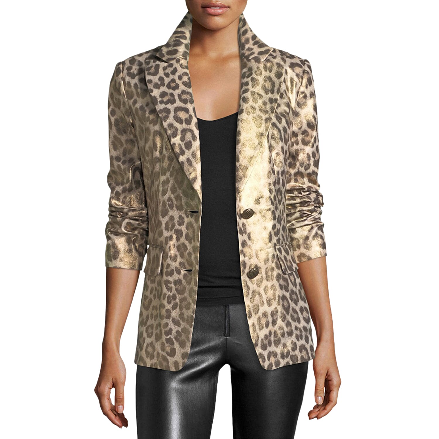 BEREK Tan Metallic Coated Animal Print Blazer with Notch Collar – Size L