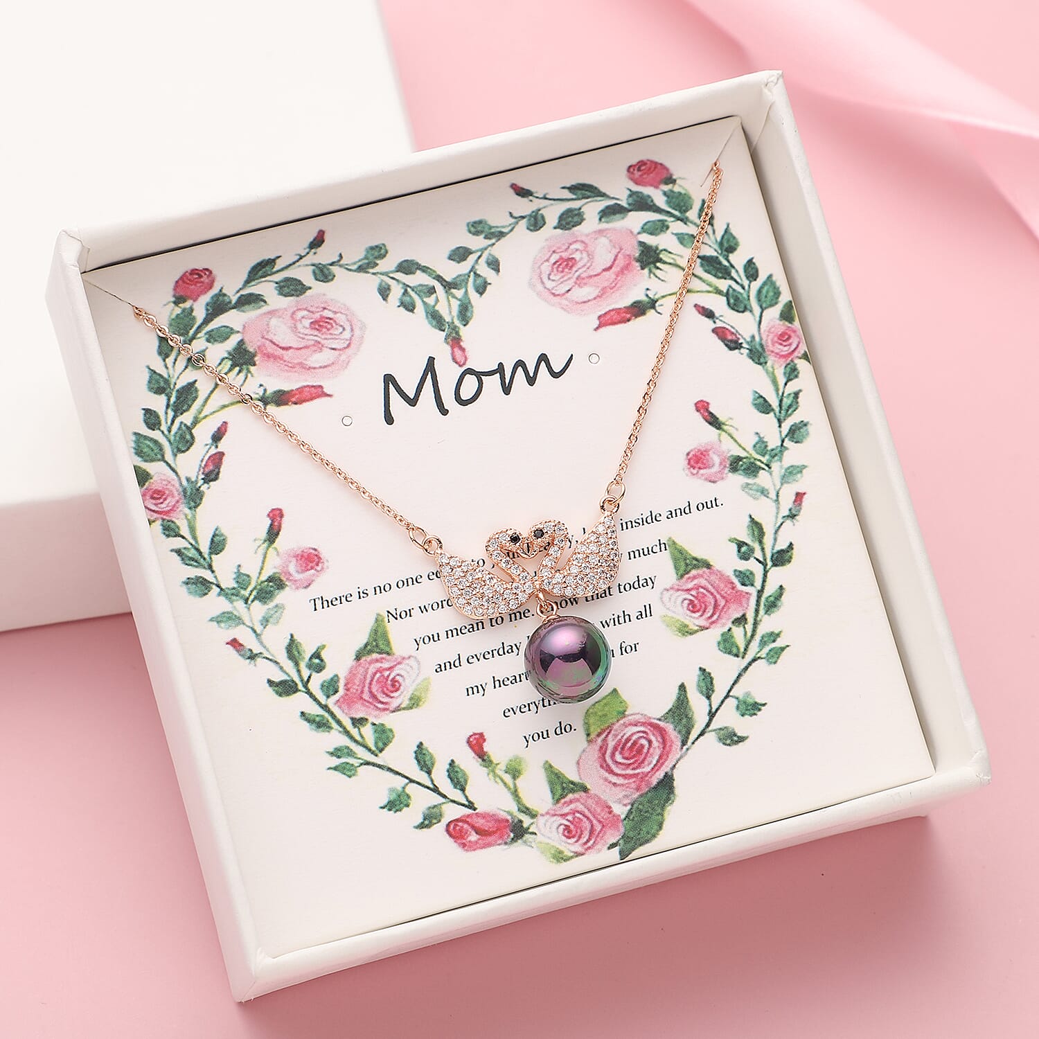 Happy Mothers Day Gift Box with Peacock Color Shell Pearl, Simulated Black & White Diamond Swan Necklace (17 In) in Platinum Over Copper