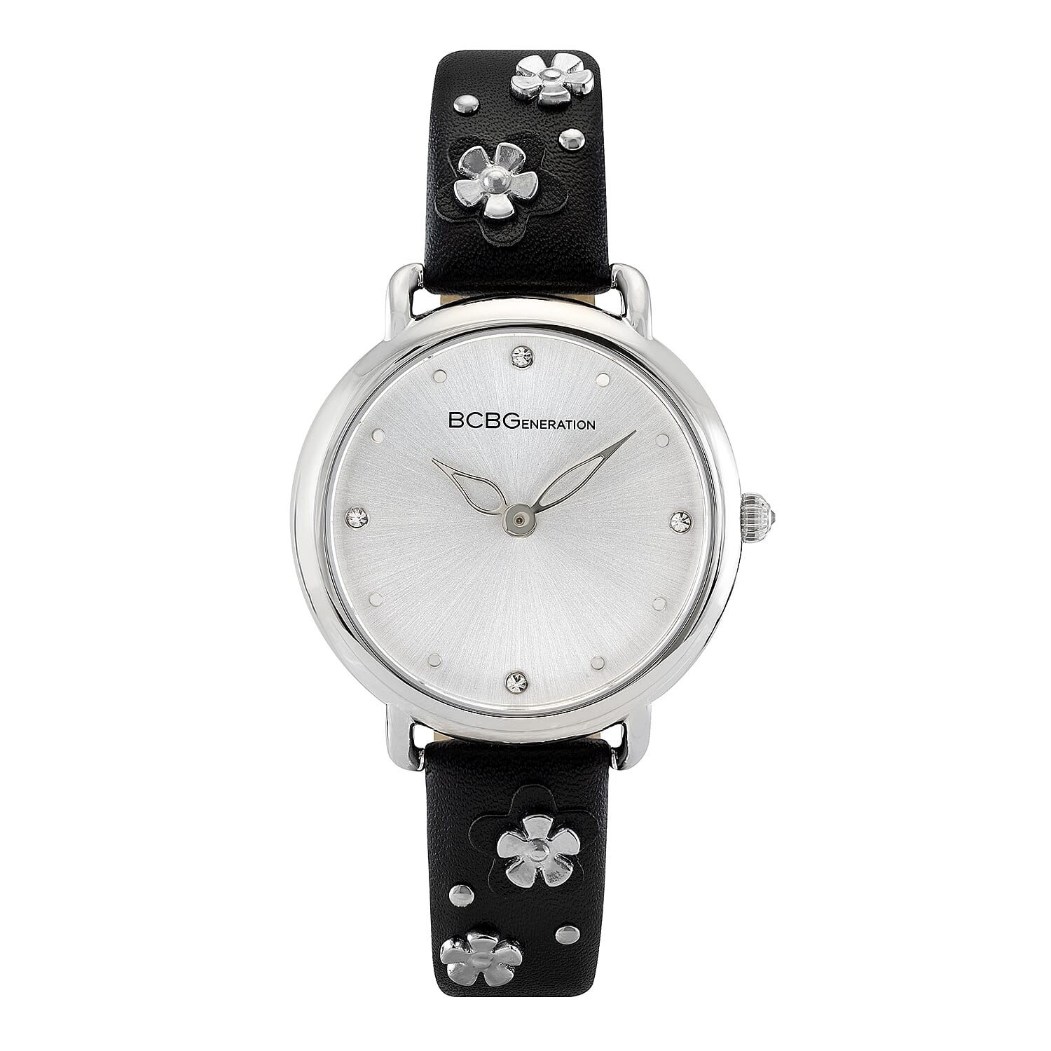 BCBGeneration Austrian Crystal Japanese Movement White Floral Vegan Leather Strap Watch in Goldtone (34mm)