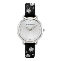 BCBGeneration Austrian Crystal Japanese Movement White Floral Vegan Leather Strap Watch in Goldtone (34mm)