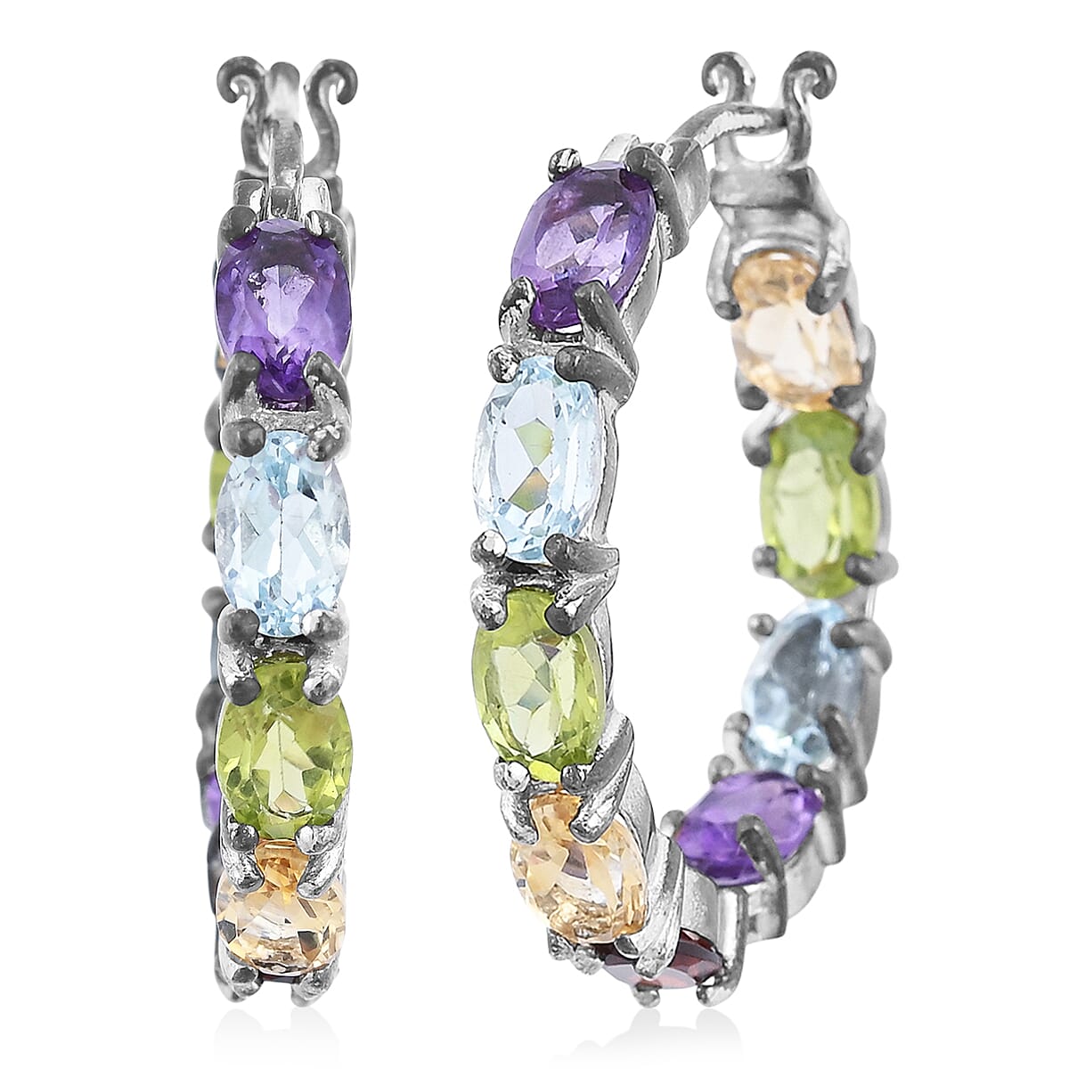 Multi Gemstone Inside Out Hoop Earrings in Sterling Silver 7 Grams 8.75 ctw