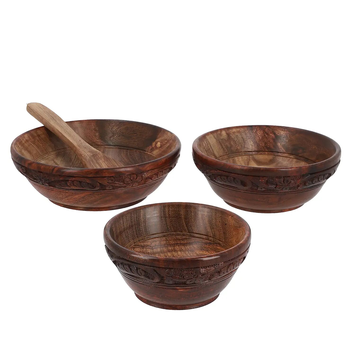 Set of 3 Natural Color Wooden Carved Bowls (4",5",6") with Wooden Spoon (5")