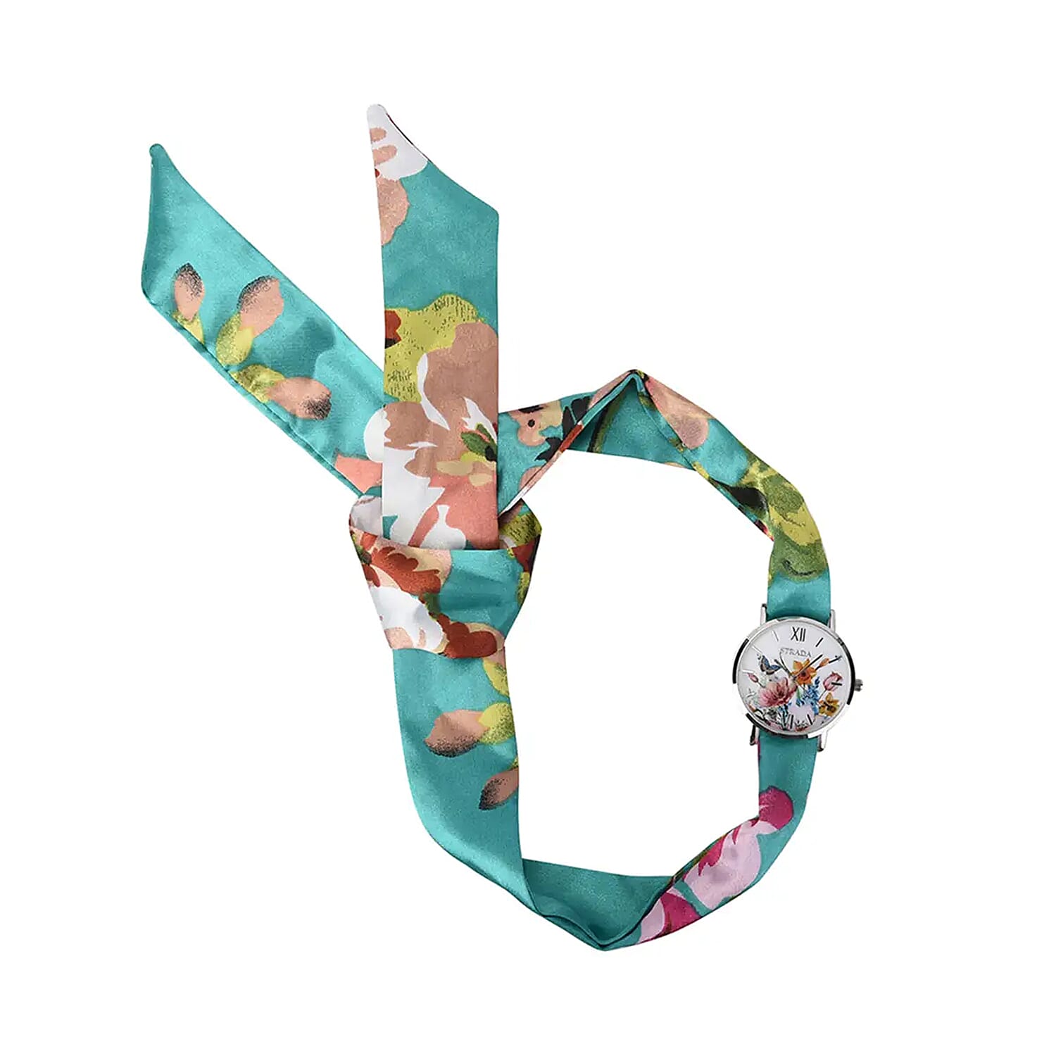 STRADA Japanese Movement Watch with Multi Color Floral Printed Chiffon Strap (34.5 inch)