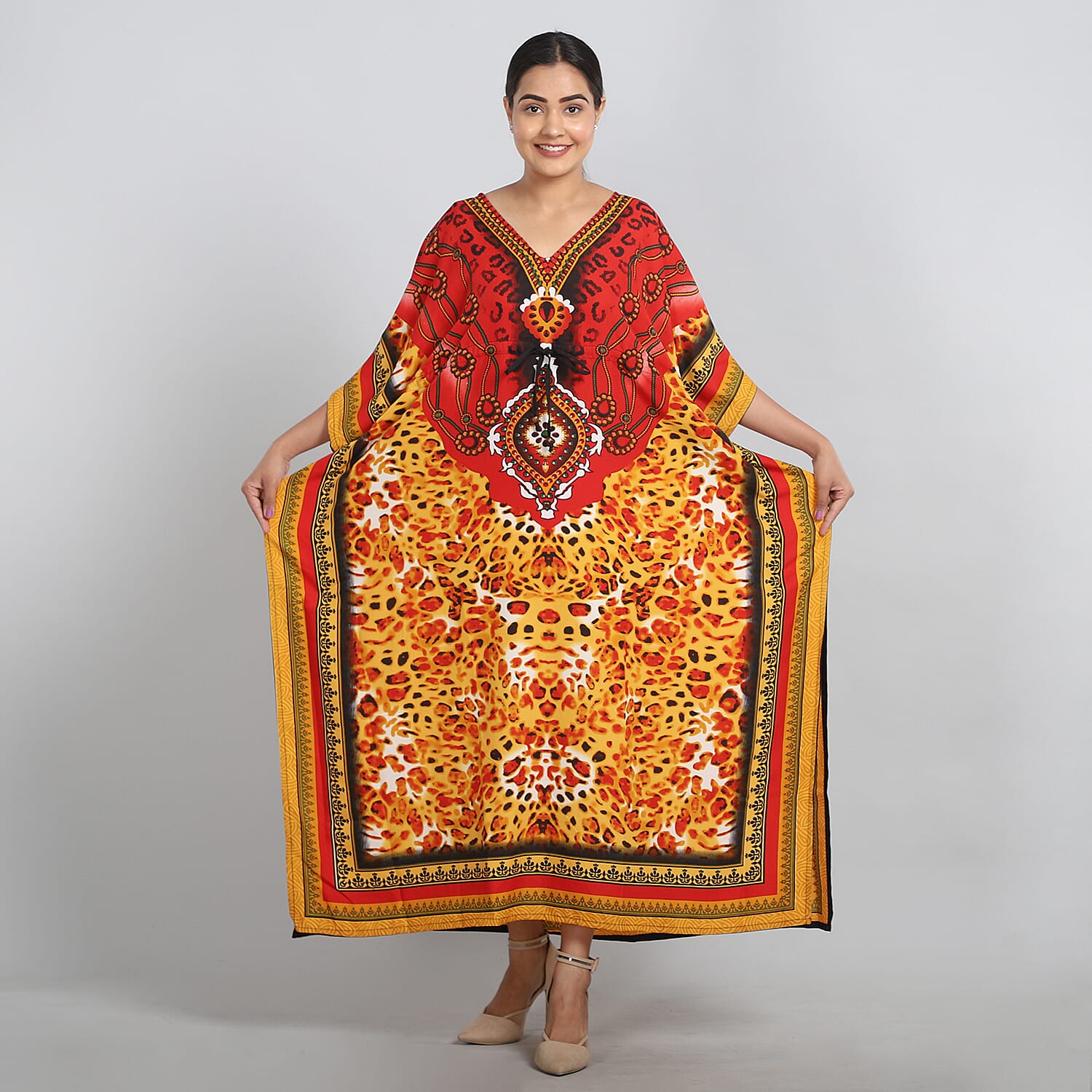 JOVIE Gray and Red Leopard Long Kaftan with Drawstring - One Size Fits Most