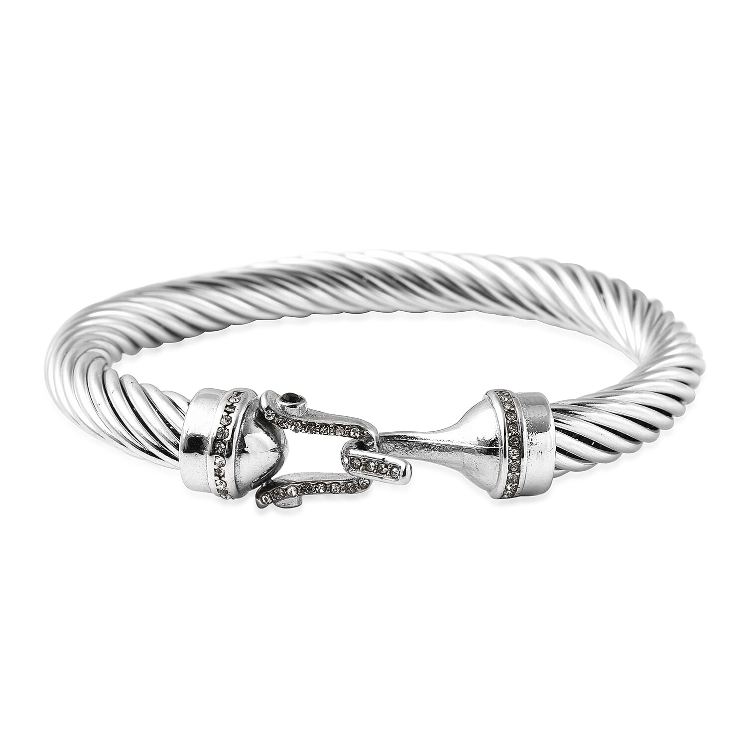 Natural Thai Black Spinel, White Austrian Crystal Rope Bangle Bracelet in Stainless Steel (6.75 In) 0.10 ctw