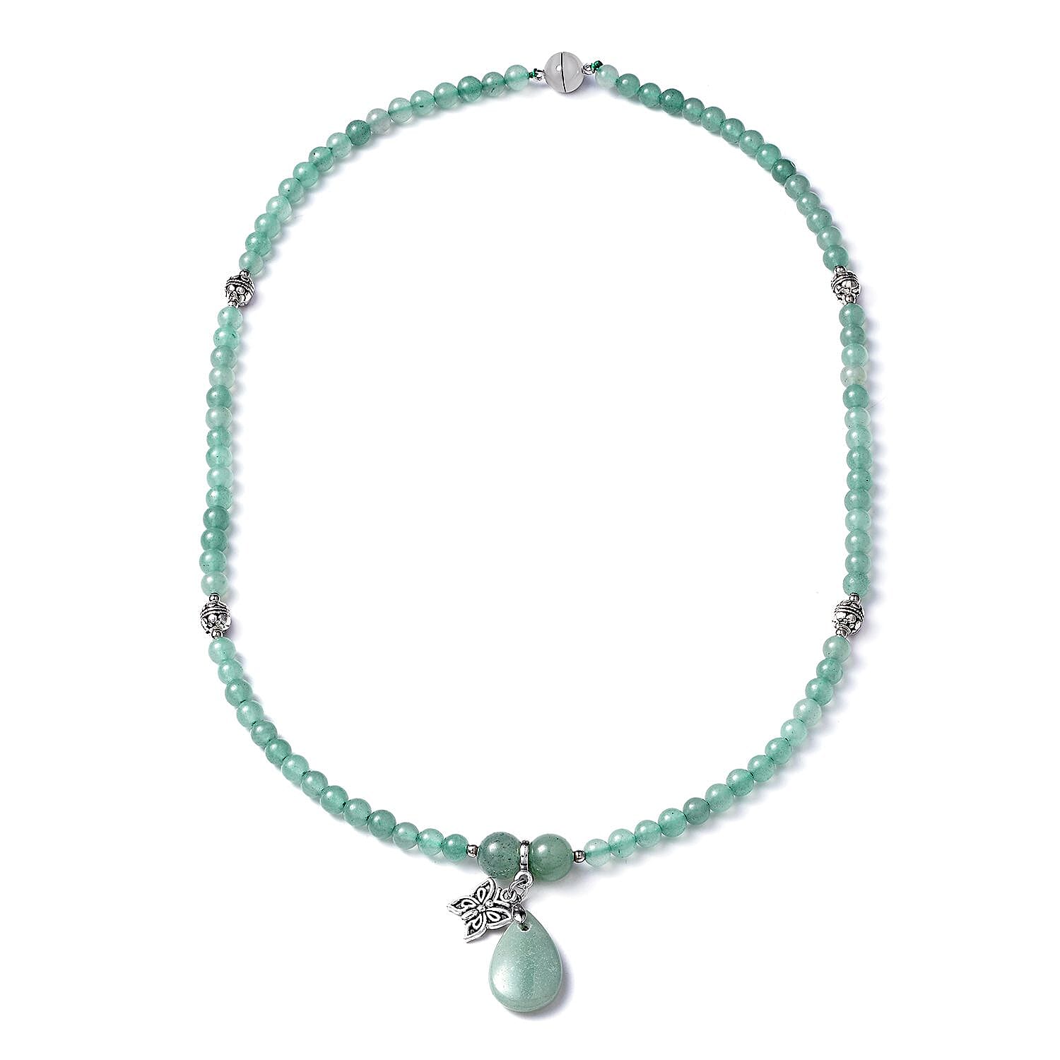 Green Aventurine Beaded Multi Wear Necklace 24 Inches with Butterfly Charm in Silvertone 180.50 ctw