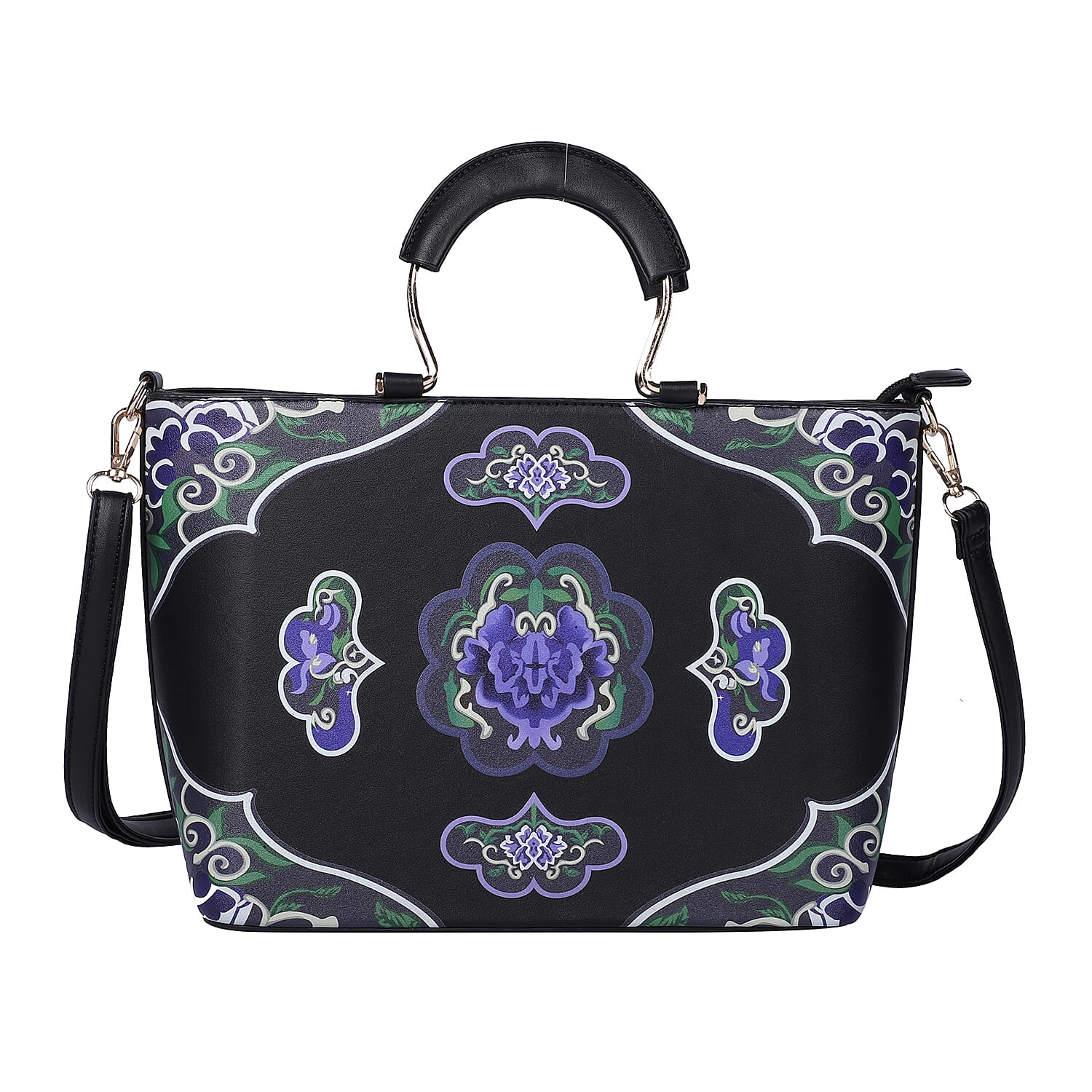 Black Floral Printed Pattern Faux Leather Convertible Bag with Handle Drop & Shoulder Bag (13"x5"x11.02")