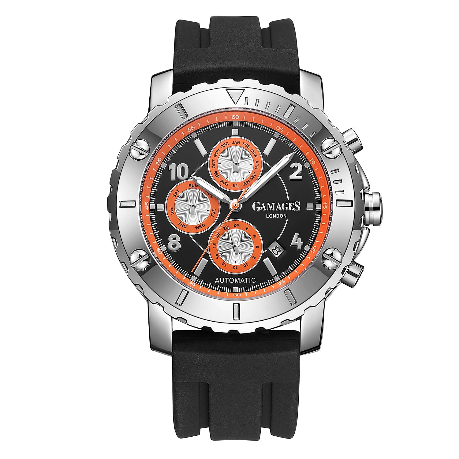 GAMAGES OF LONDON Limited Edition Hand Assembled Innovator Automatic Movement Silicone Strap Watch in Orange (45mm) FREE GIFT PEN