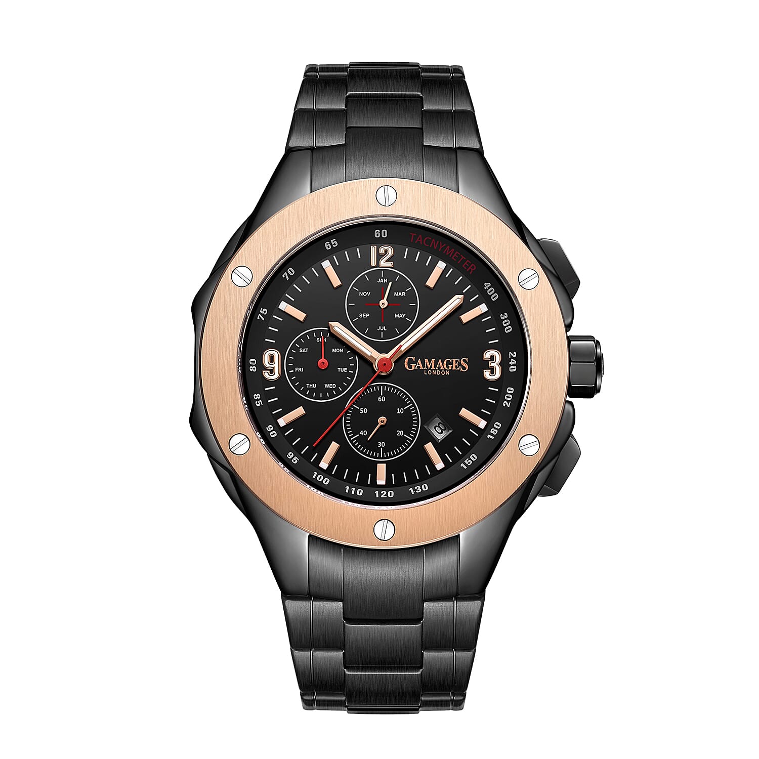 GAMAGES OF LONDON Limited Edition Hand Assembled Synergy Automatic Movement Watch in ION Plated Black Stainless Steel (50mm) with Free Gift Pen
