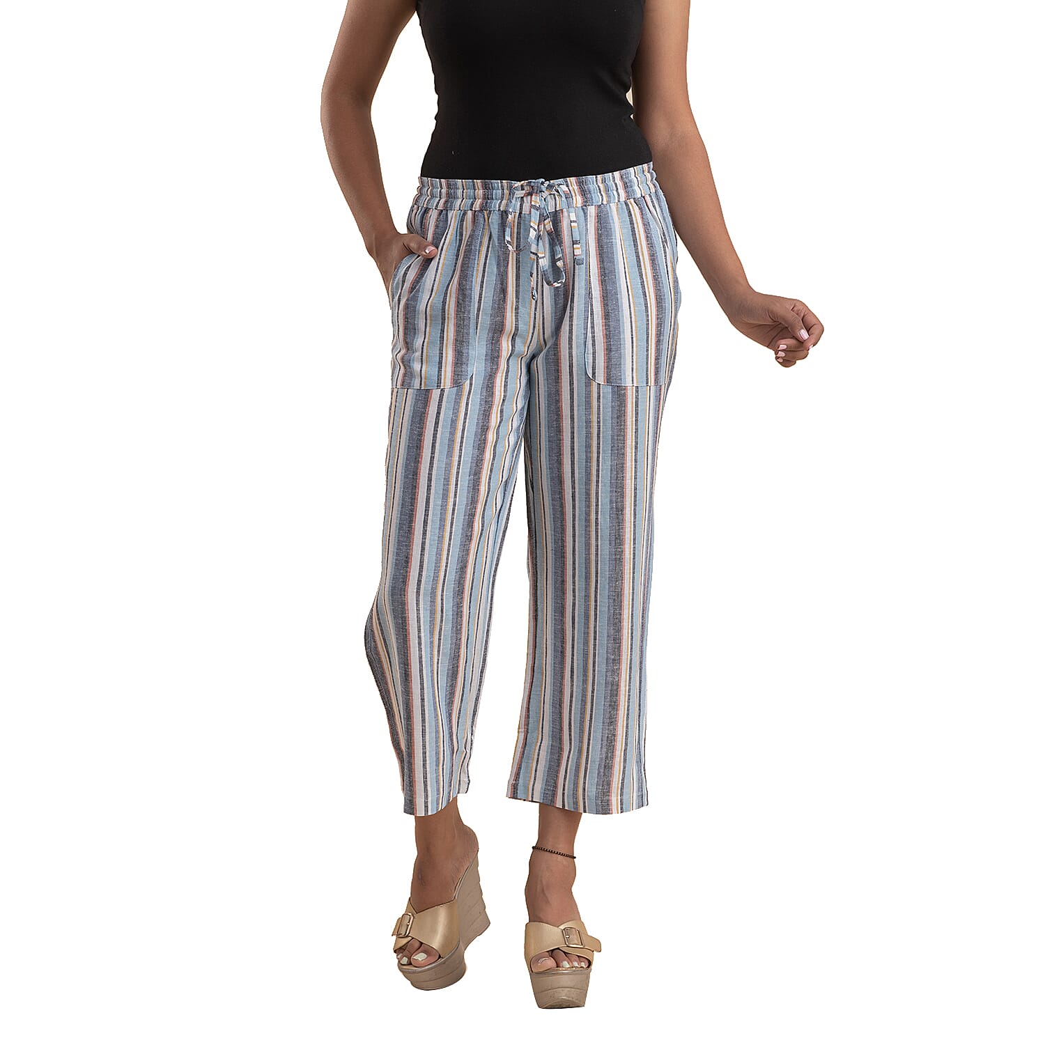JOVIE Pinstripe Gray Linen Wide Leg Capri with Drawstring - M