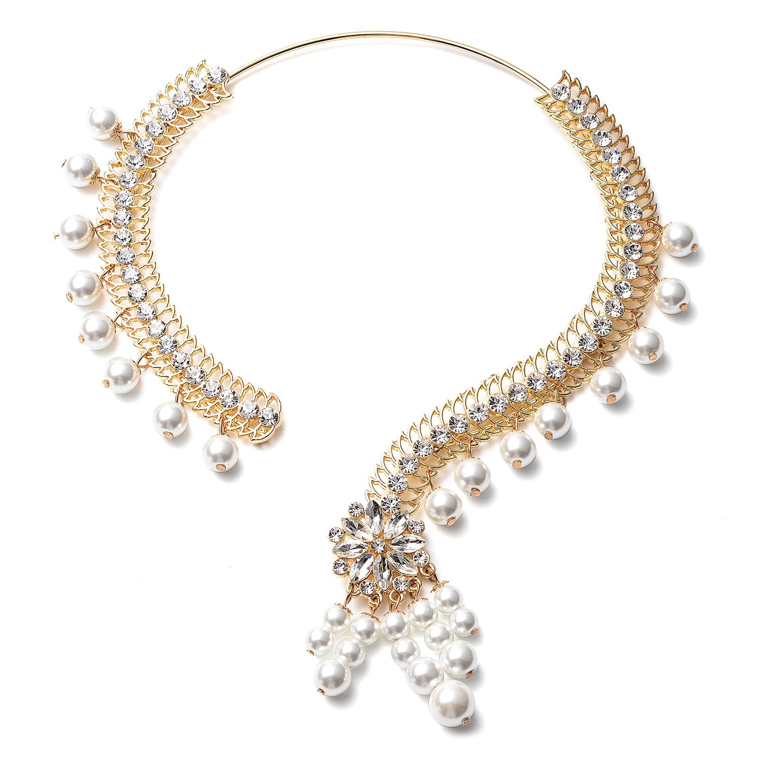 Simulated White Pearl and Multi Gemstone Tassel Necklace 16 Inches in Goldtone