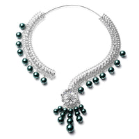 Simulated Peacock Pearl and Multi Gemstone Tassel Necklace 16 Inches in Silvertone