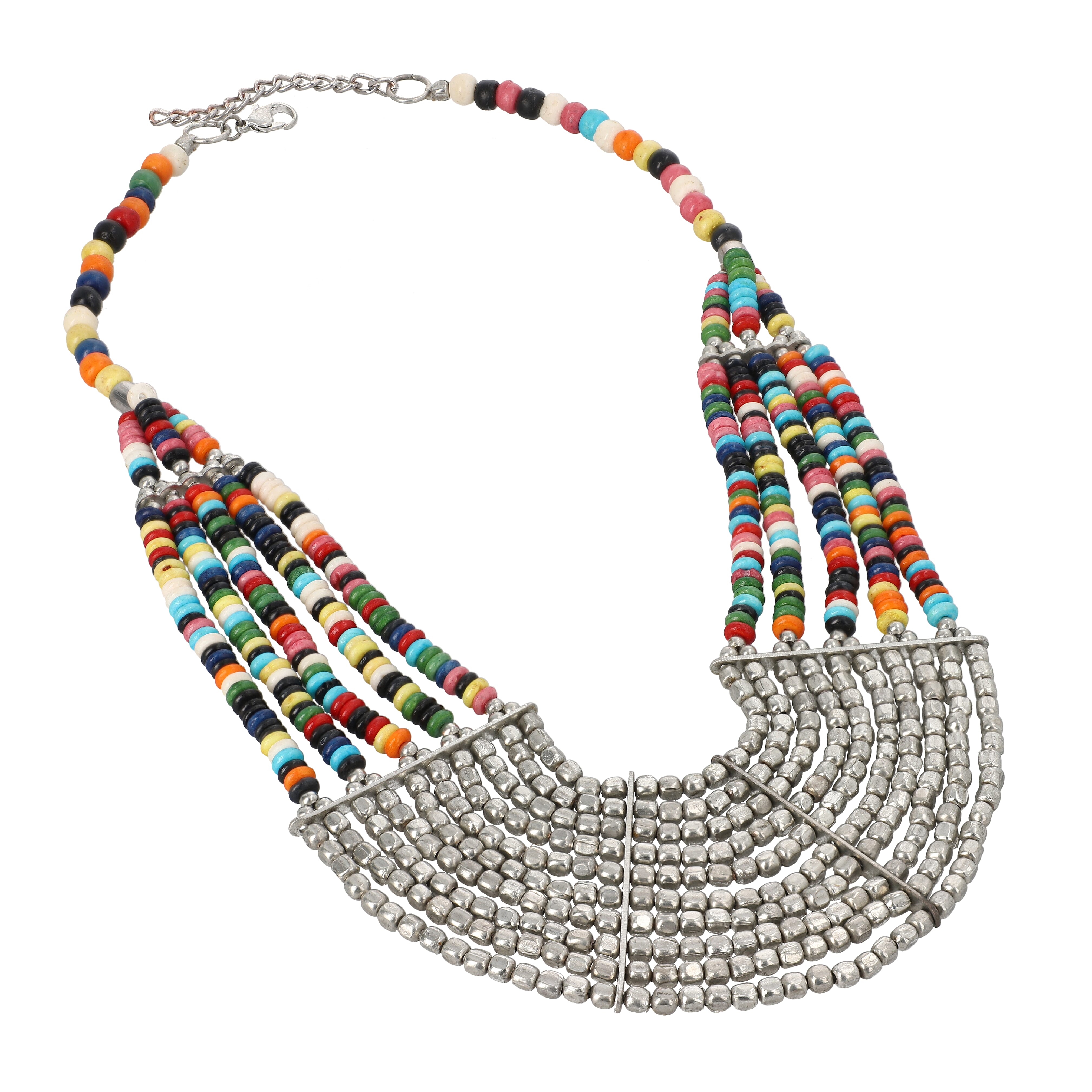 Multi Color Seed Bead Multi Strand Necklace 22 Inches in Silvertone