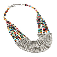 Multi Color Seed Bead Multi Strand Necklace 22 Inches in Silvertone
