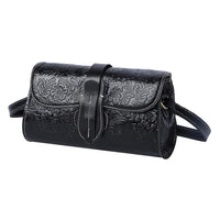 Black Genuine Leather Flower Embossed Crossbody Bag