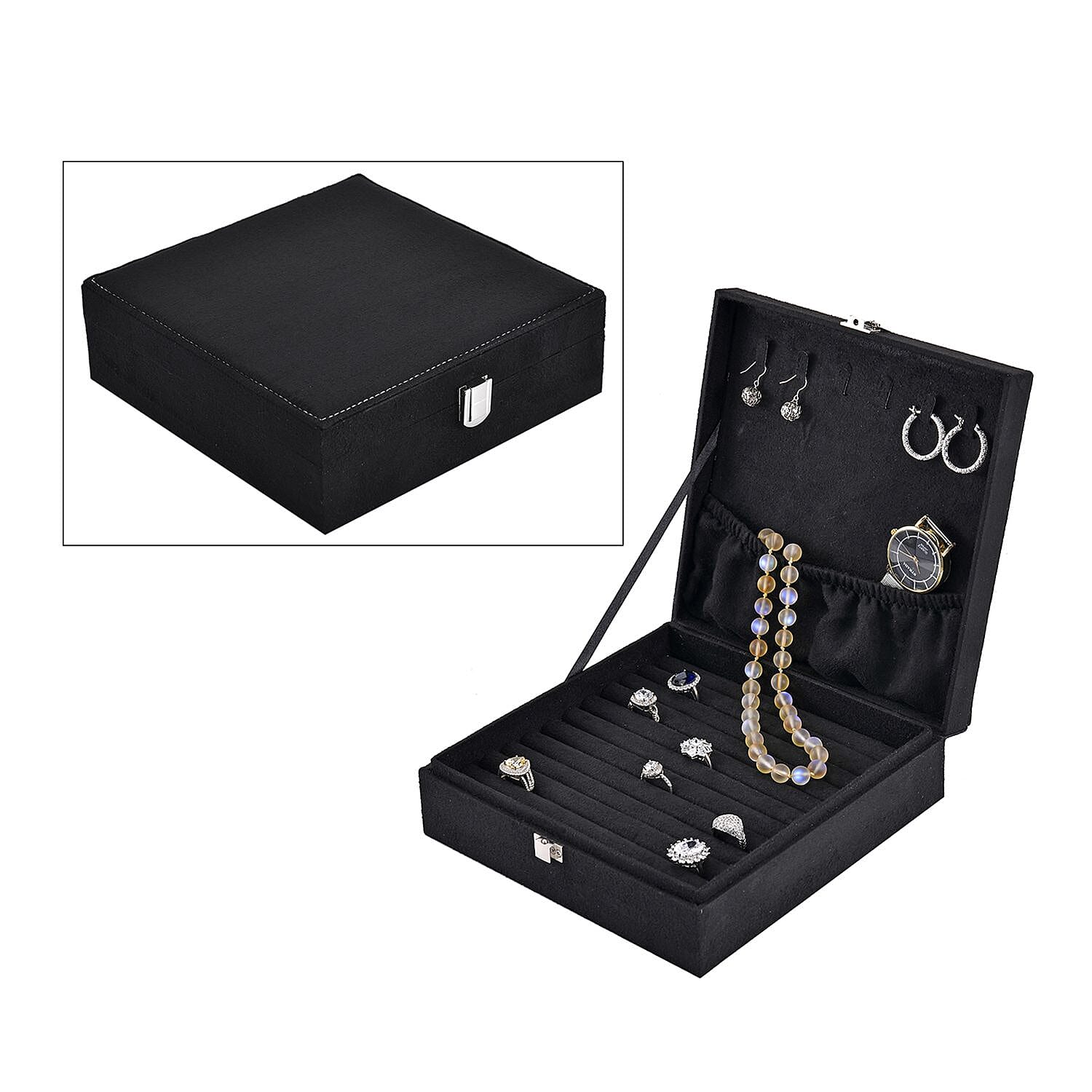 Black Velvet & MDF Jewelry Box with Latch Clasp 7.9"x7.9"x2.6") (11 Ring Slot, 6 Hooks for Necklace, Pocket)