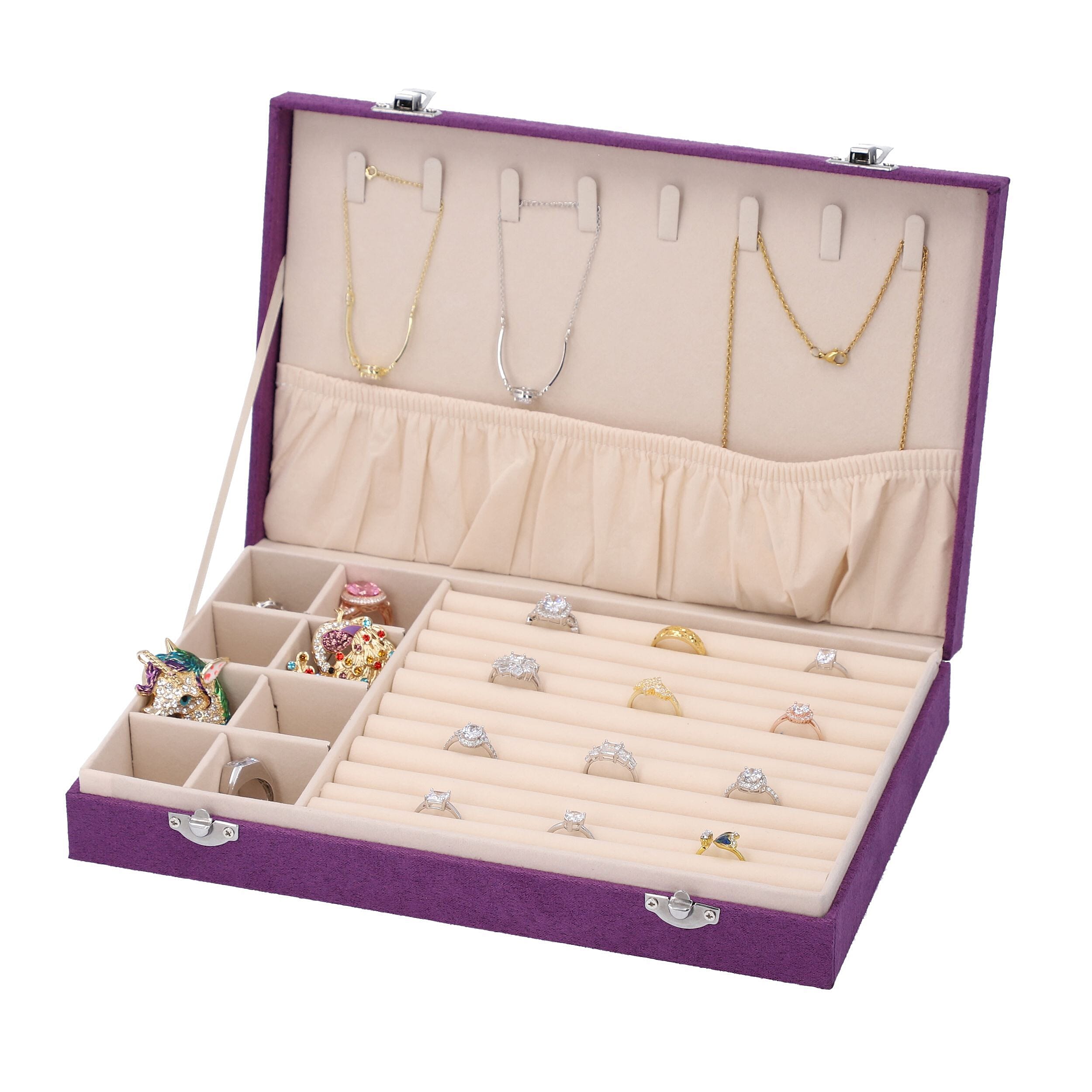 Black Velvet Jewelry Box with Anti Tarnish Lining & Lock (8 Necklace Hooks, 8 Earrings/Pendant Sections and Approx 10 Rings Slots) (11.4"x7.3"x2")