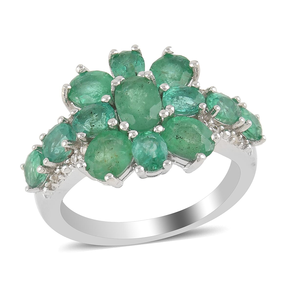 AAA Kagem Zambian Intense Green Emerald and Natural White Zircon Ring in Rhodium Over Sterling Silver 3.15 ctw
