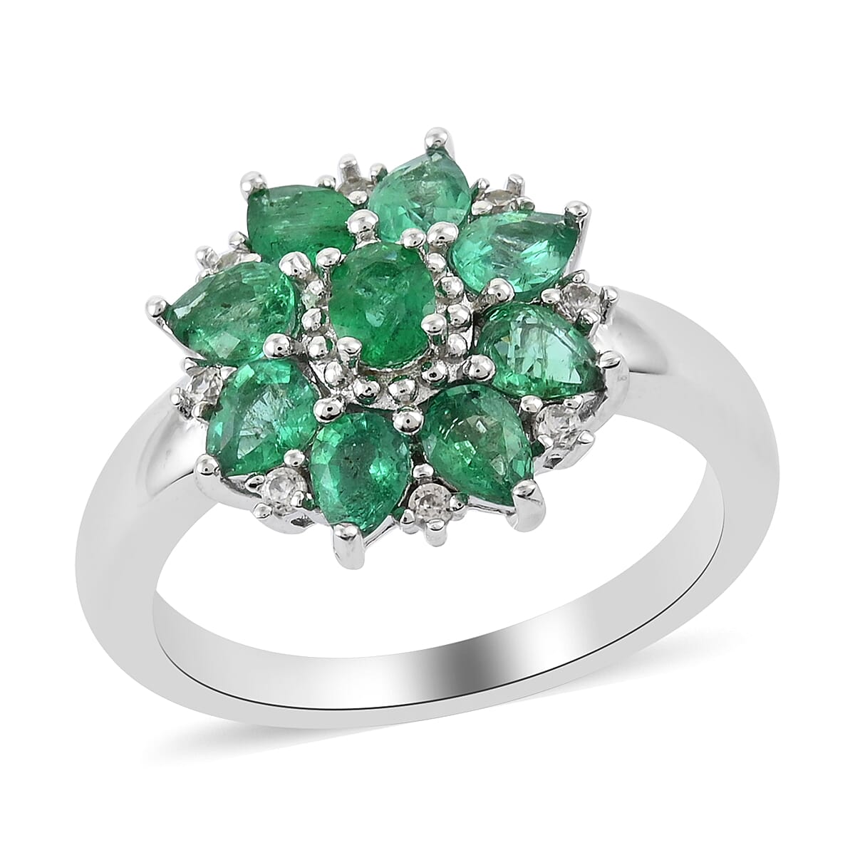 AAA Kagem Zambian Intense Green Emerald and White Zircon Floral Ring in Rhodium Over Sterling Silver (Size 6.0) 1.45 ctw