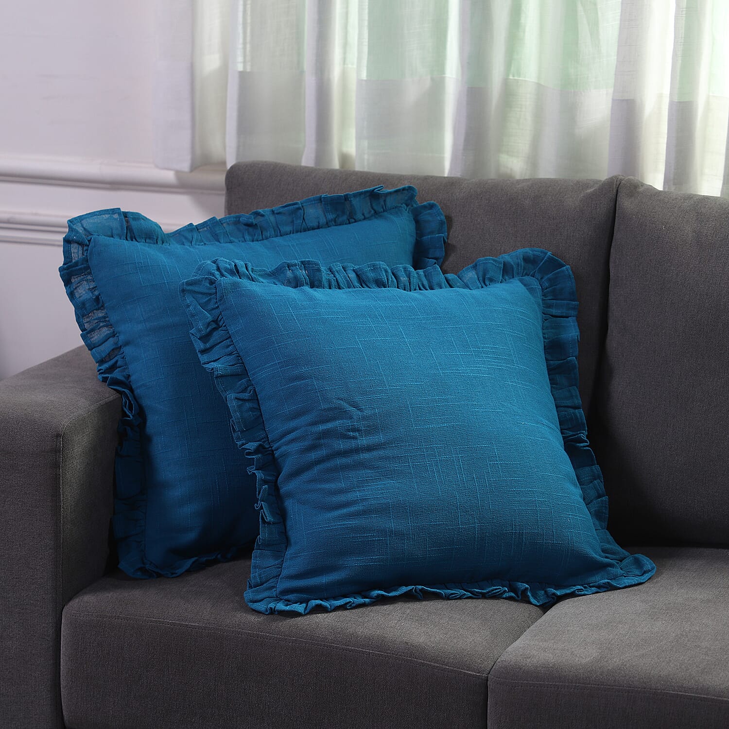 Set of 2 Cobalt Blue Cotton Linen Solid Cushion Cover with Ruffled Flange (20"x20")