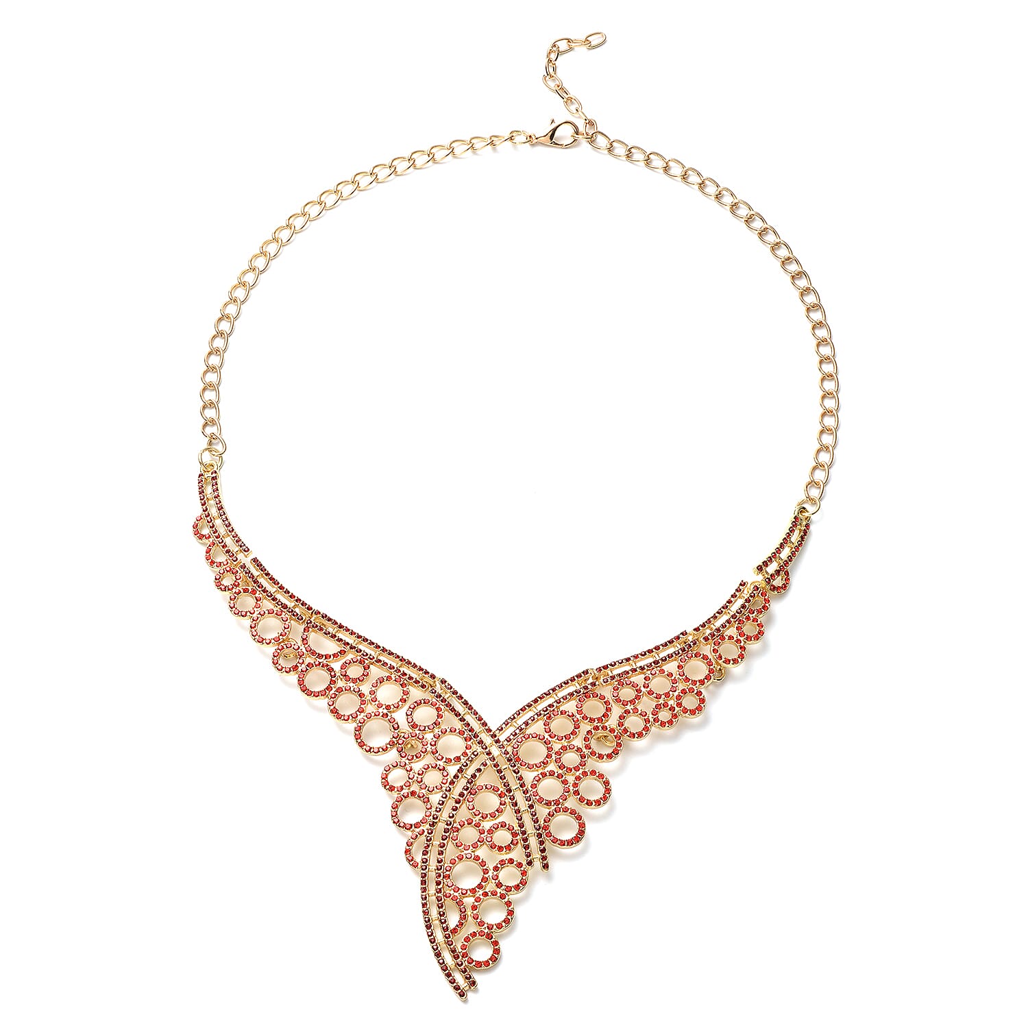 Red Austrian Crystal Bib Necklace 20 Inches in Goldtone