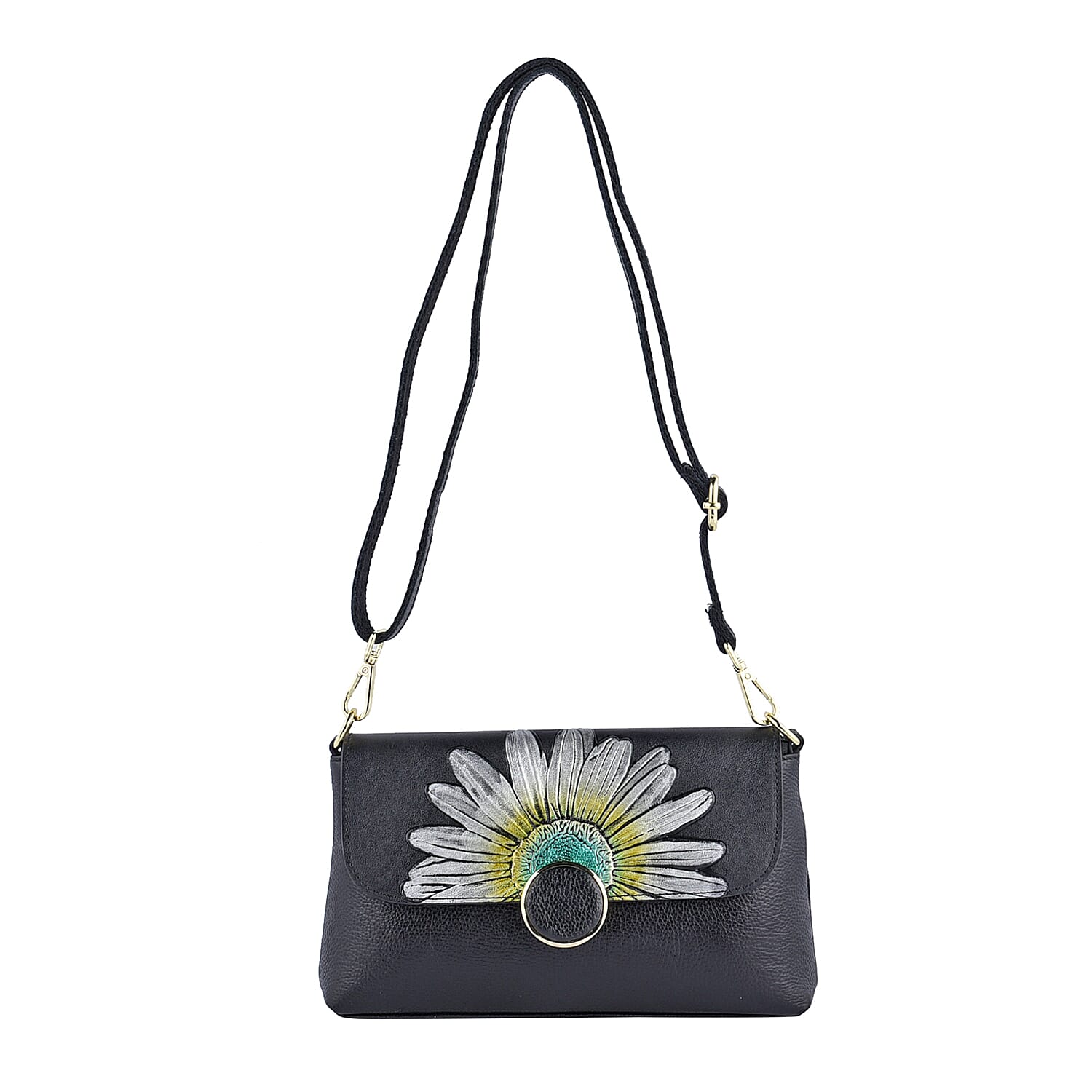 HONG KONG CLOSEOUT Collection Black Color Sunflower Embossed Pattern Genuine Leather Crossbody Bag (9.84"x5.9"x2.76") with Shoulder Strap