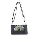 HONG KONG CLOSEOUT Collection Black Color Sunflower Embossed Pattern Genuine Leather Crossbody Bag (9.84"x5.9"x2.76") with Shoulder Strap - Sticky add to cart bar