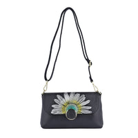 HONG KONG CLOSEOUT Collection Black Color Sunflower Embossed Pattern Genuine Leather Crossbody Bag (9.84"x5.9"x2.76") with Shoulder Strap