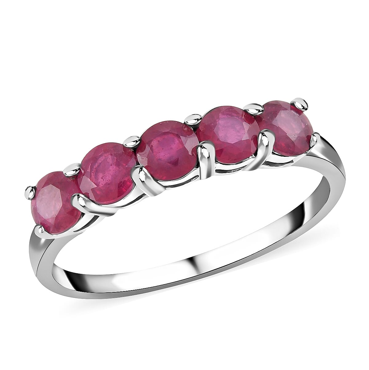 Niassa Ruby (FF) 5 Stone Ring in Platinum Over Sterling Silver, Wedding Band Ring For Women (Size 5.0) 2.00 ctw