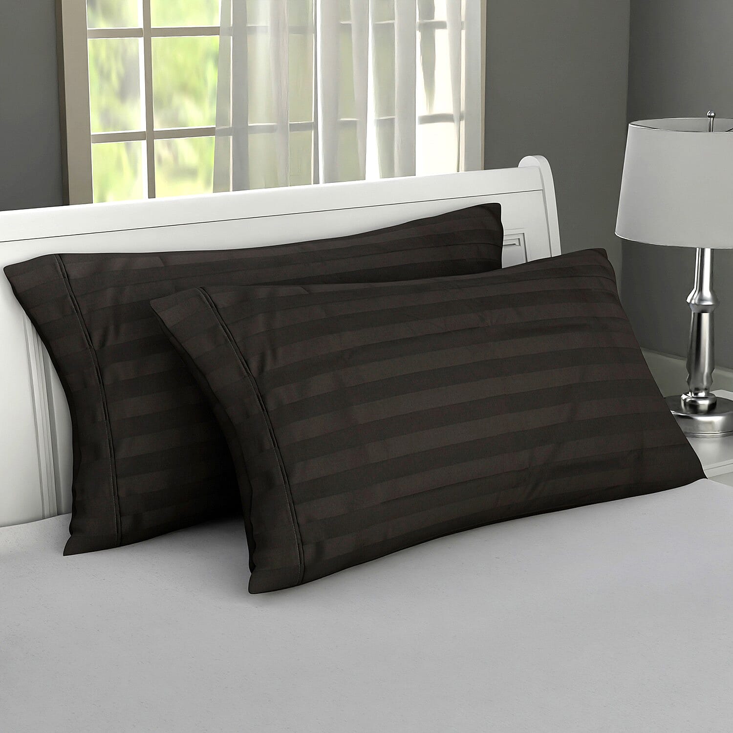 Set of 2 Dark Gray Striped Weave Pattern Cotton Pillow Case - King, 20"x40"