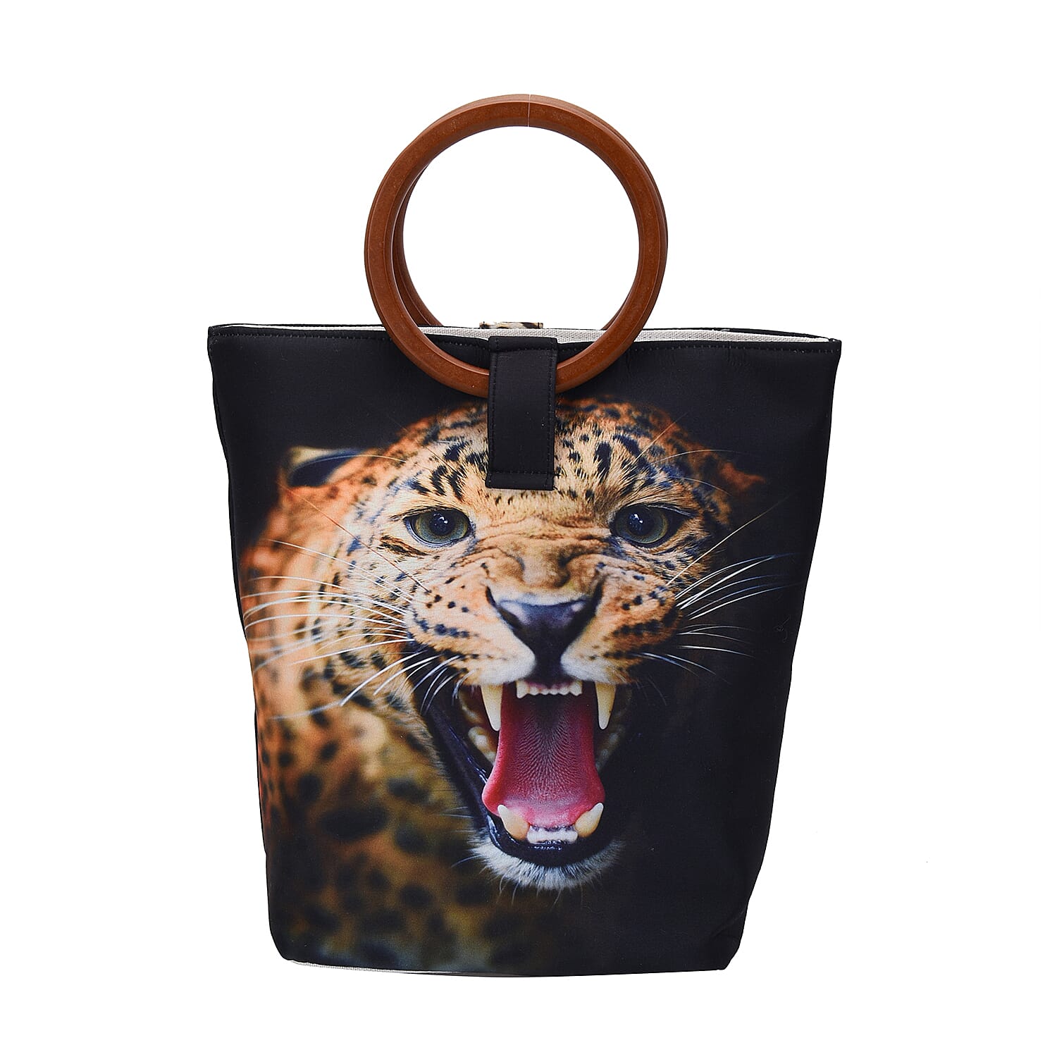 Hong Kong Collection Designer Inspired Black & Yellow Leopard Head Print Pattern Tote Bag with Wooden Handle