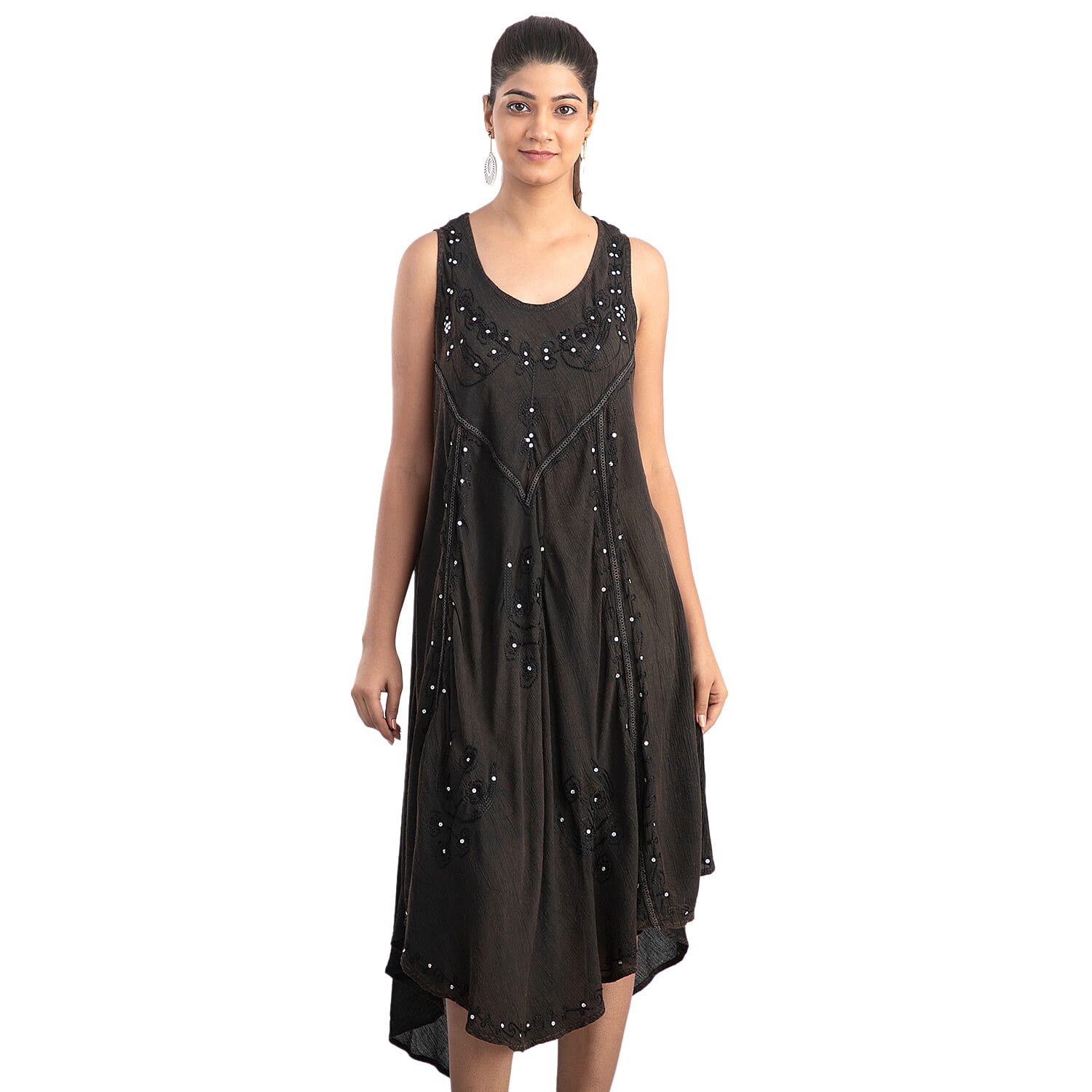 JOVIE Black Womenâ€™s Umbrella Dress with Sequin Floral Embroidery - One Size Missy (44"Lx23"W)
