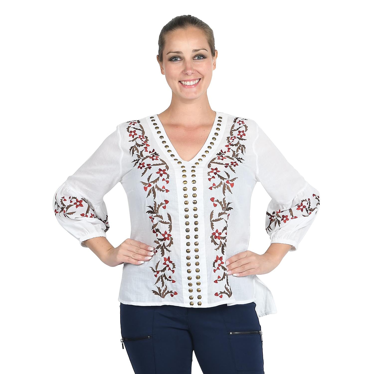 JOVIE White Floral Embroidered Bubble Sleeve Blouse with Stud Embellishments