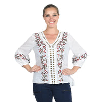 JOVIE White Floral Embroidered Bubble Sleeve Blouse with Stud Embellishments