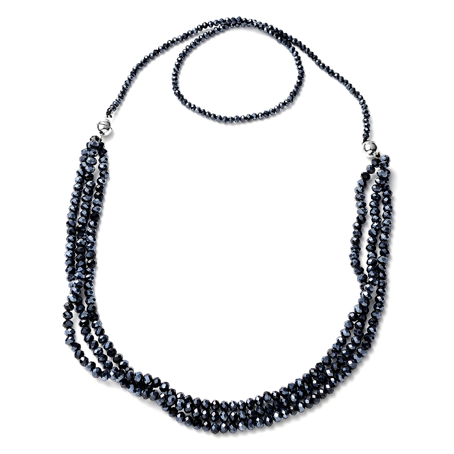 Simulated Hematite Diamond Beaded Multi Wear Detachable Necklace 36 Inches in Silvertone