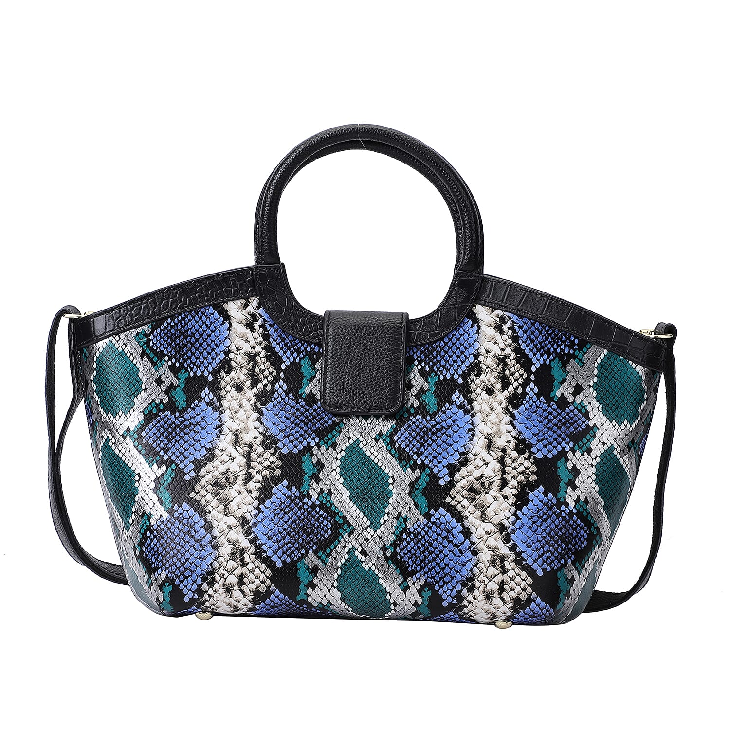 Hong Kong Closeout Collection Black, Blue and Green Snakeskin Print Genuine Leather Convertible Bag (16"x5"x8.66")
